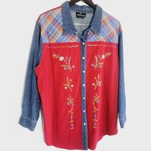 Carole Little 90's Button Down Floral Embroidery Denim Color Block Women's Shirt